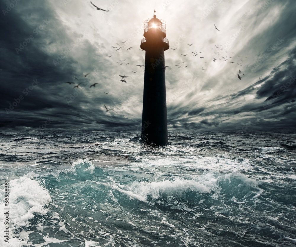Stormy sky over flooded lighthouse - obrazy, fototapety, plakaty 