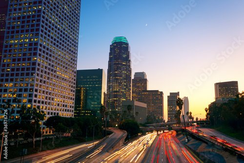 Los Angeles, Urban City at Sunset with Freeway Trafic