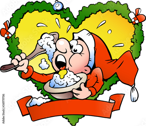 Hand-drawn Vector illustration of an Elf Eating rice pudding