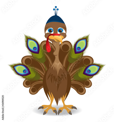 Turkey wearing a hat and peacock feathers