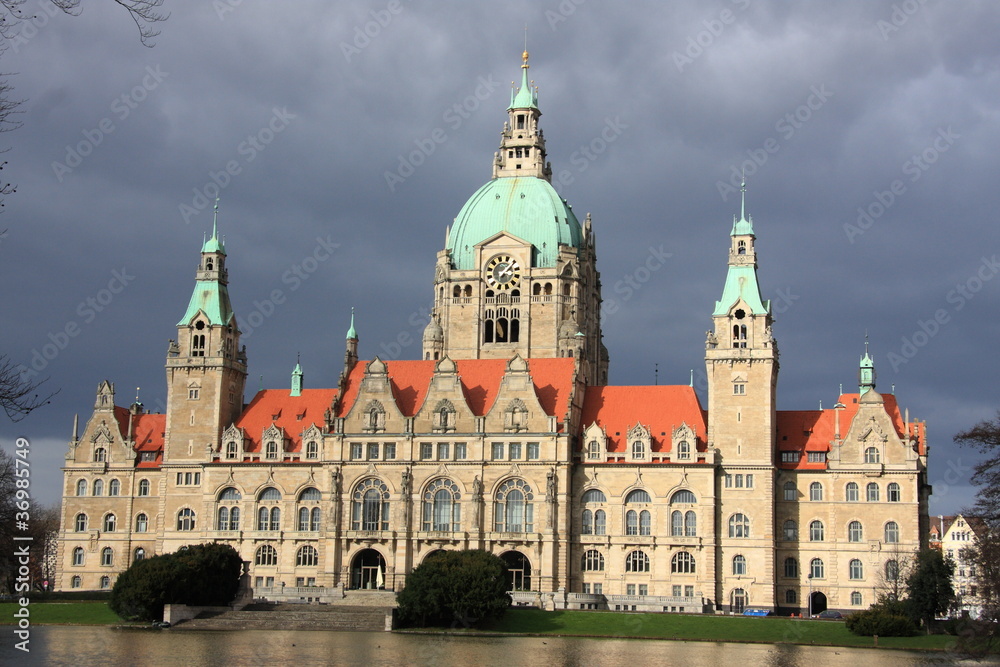 Hannover new town hall after rain storm in Hannover, Germany
