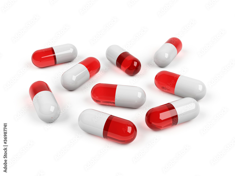 3d pills on white background.