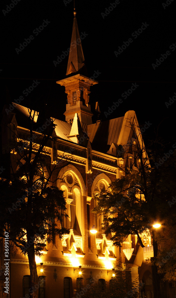 old building with night illumination, Odessa, Ukraine