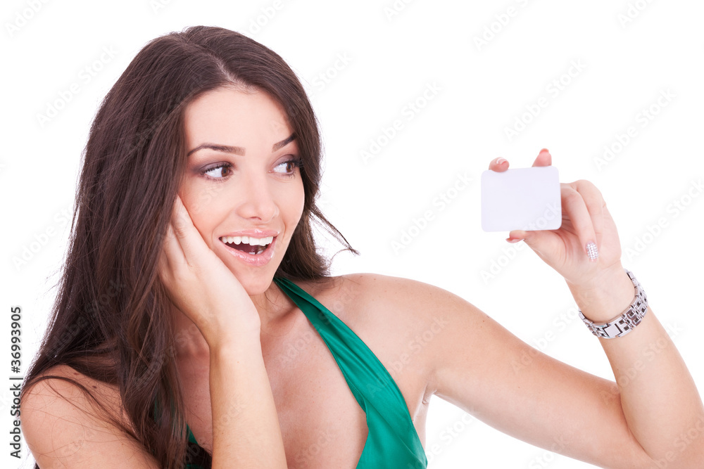woman looking at her bussiness card woman looking at her bussiness card