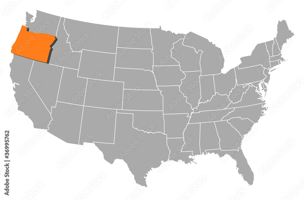 Map of the United States, Oregon highlighted