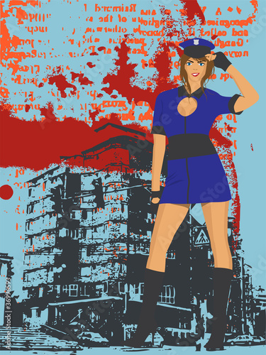 Sexy police girl on grunge background - vector illustration