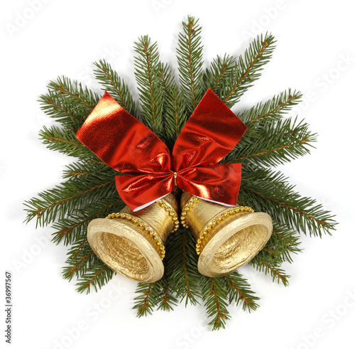 Two golden bells with the red big bow