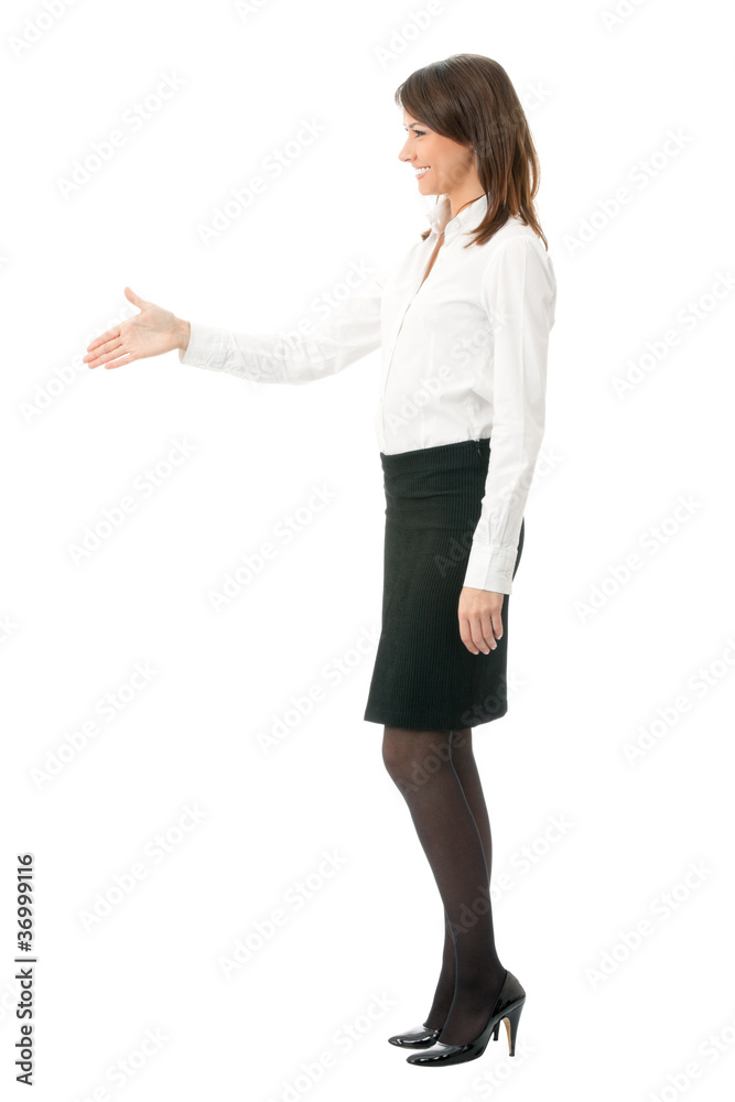 Businesswoman giving hand for handshake, on white Businesswoman giving hand for handshake, on white
