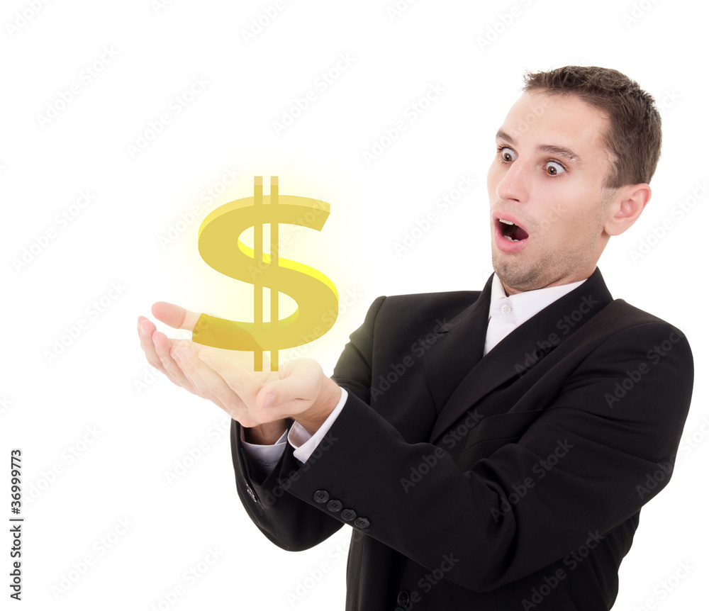 businessman chooses golden US dollar sign businessman chooses golden US dollar sign
