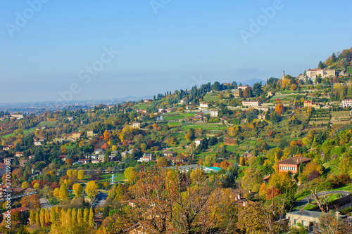 panorama of lower and upper town of Bergamo , Italy