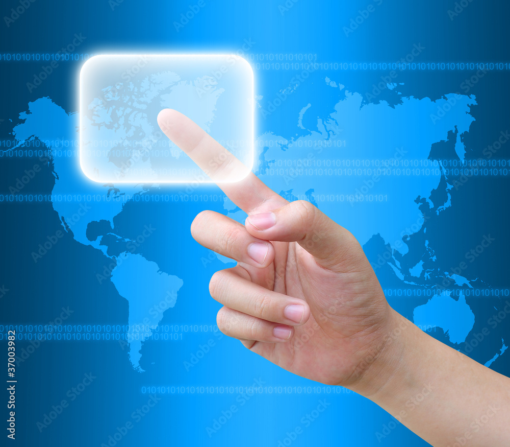hand pressing a button on a touch screen interface hand pressing a button on a touch screen interface