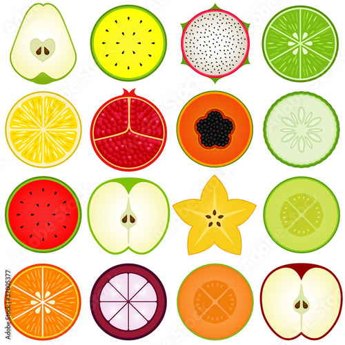 A vector collection of Fresh fruit cut in half isolated on white