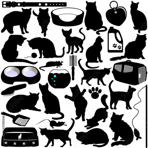 Vector Silhouettes of Cats, Kittens and Accessories