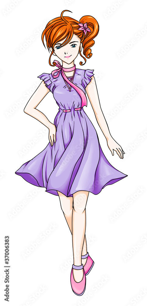 Illustration of a girl in anime style, tracing path included