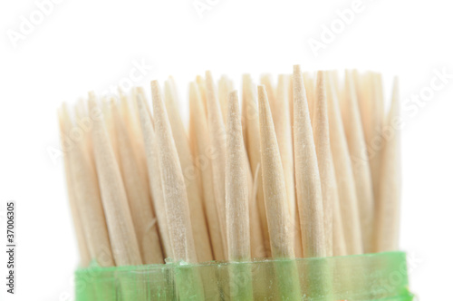 Wooden Toothpicks in Plastic Case on White Background