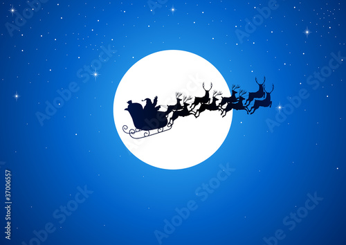 Santa Claus riding his sleigh over the moon