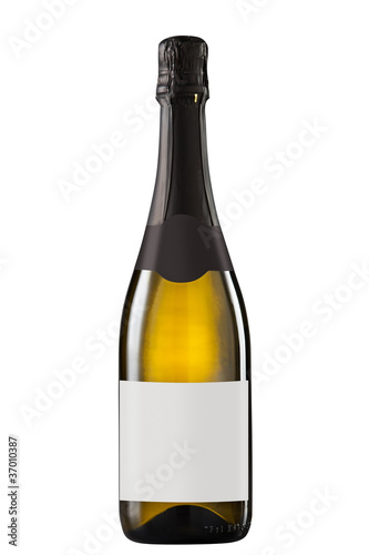 Sparkling white wine bottle with blak label.