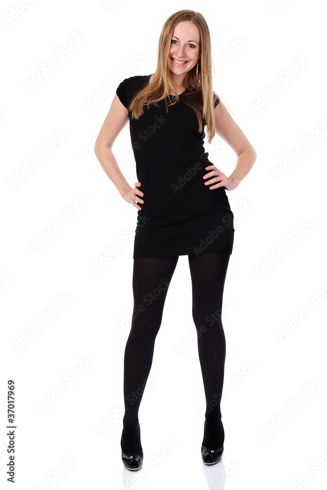 young woman in black dress. Isolated over white background. young woman in black dress. Isolated over white background.