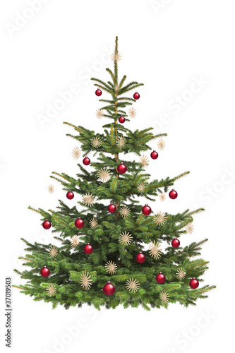 Weihnachtsbaum mit Roten Kugeln und Strohstrernen