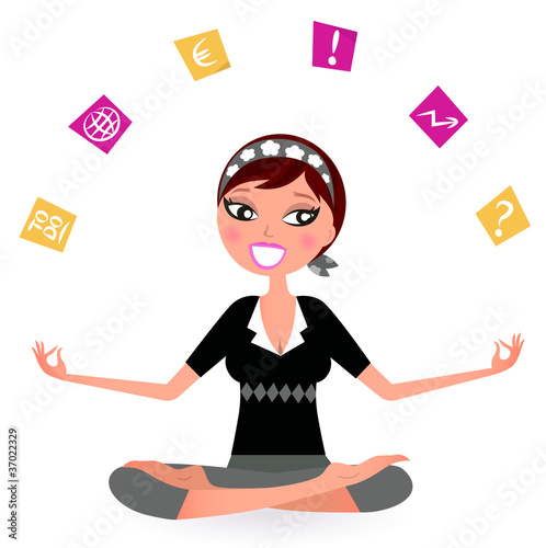 Stressed business Woman juggling with many Notes isolated on whi