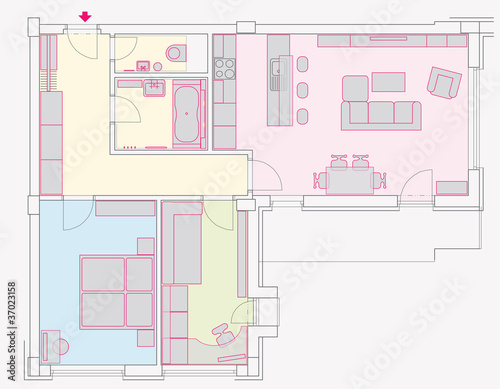 Ground plan of tree-room flat with furniture photo