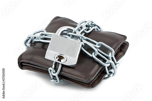 Wallet in chains closed padlock on white background.