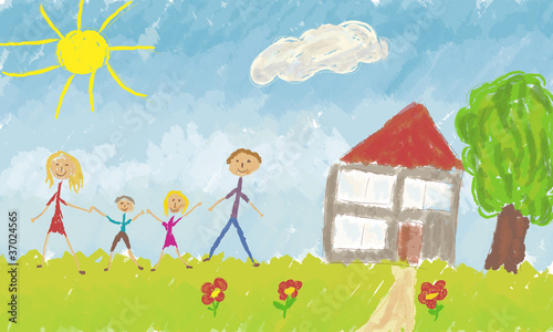 Family with House - Childrens Painting