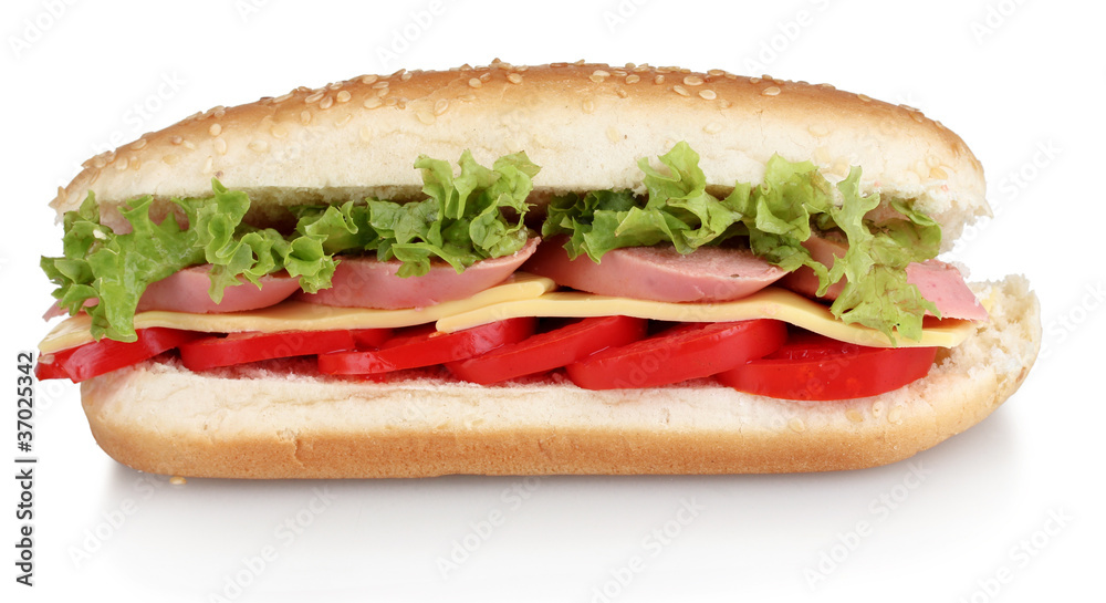 Sandwich with sausage, cheese and tomatoes isolated on white Sandwich with sausage, cheese and tomatoes isolated on white