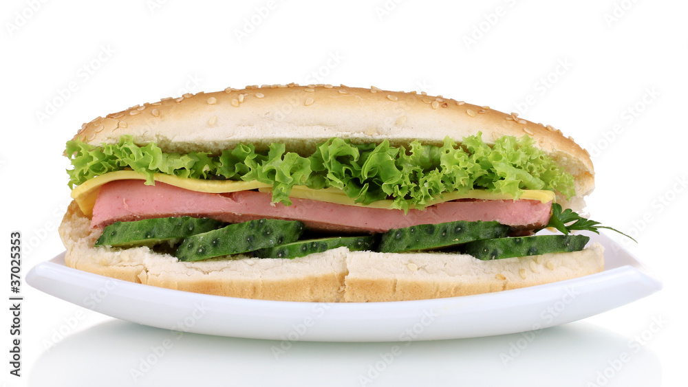 Delicious sandwich on plate isolated on white Delicious sandwich on plate isolated on white