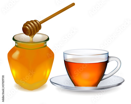 Cup of tea with honey. vector illustration.