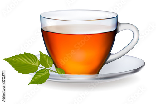 Cup of tea with leaves. Vector illustration.