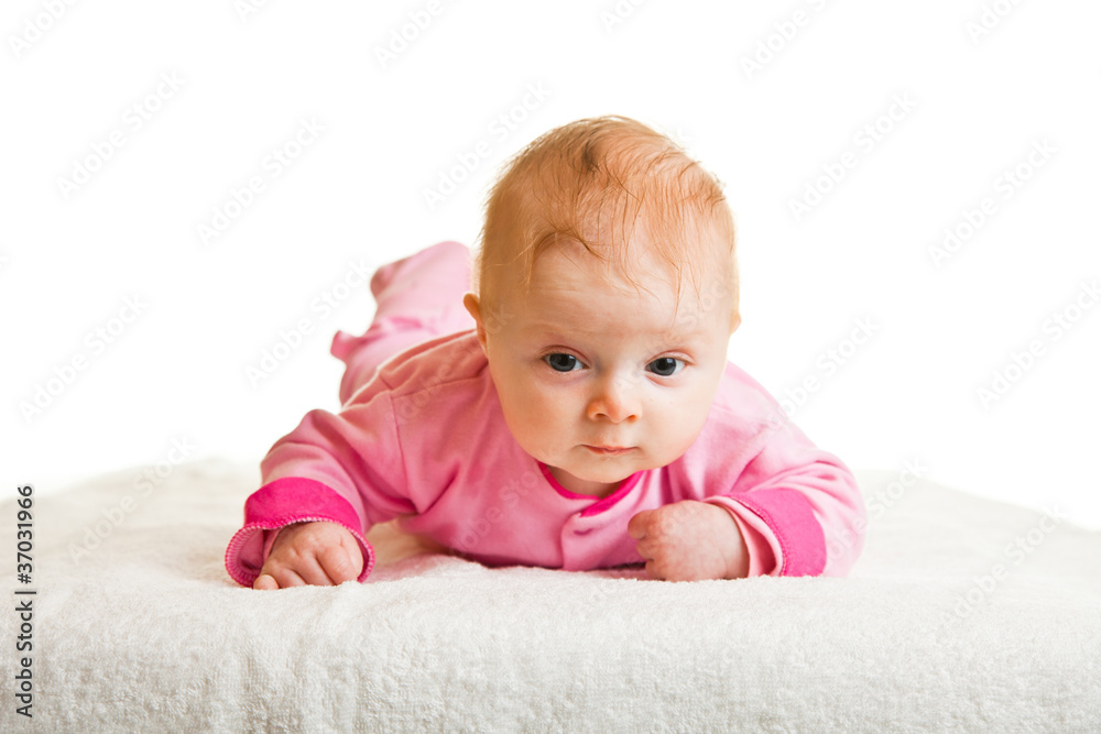 Infant girl holding head isolated on white Infant girl holding head isolated on white