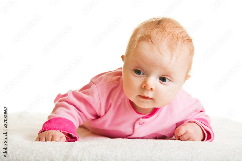 Infant girl holding head isolated on white Infant girl holding head isolated on white