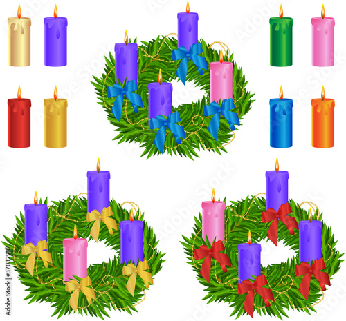Advent wreath design and candles isolated on white