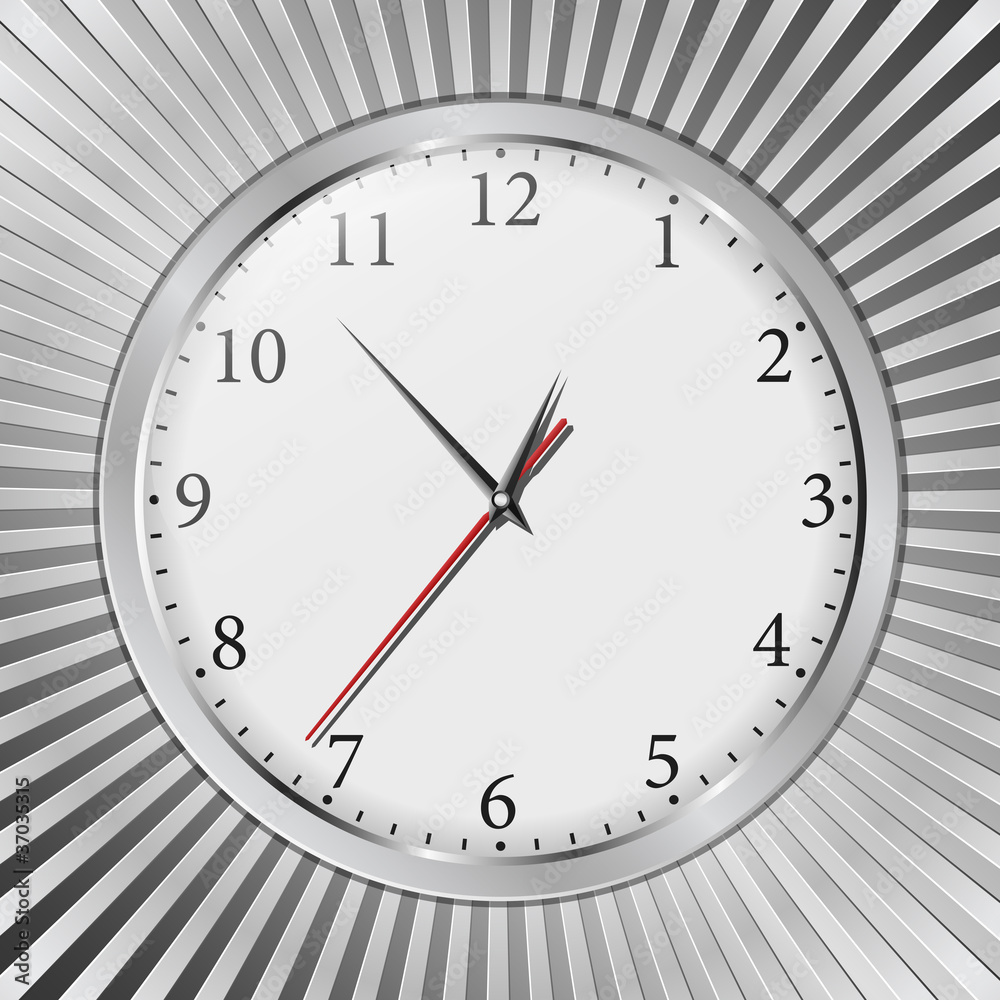 Vector gray wall clock on a metal background Vector gray wall clock on a metal background