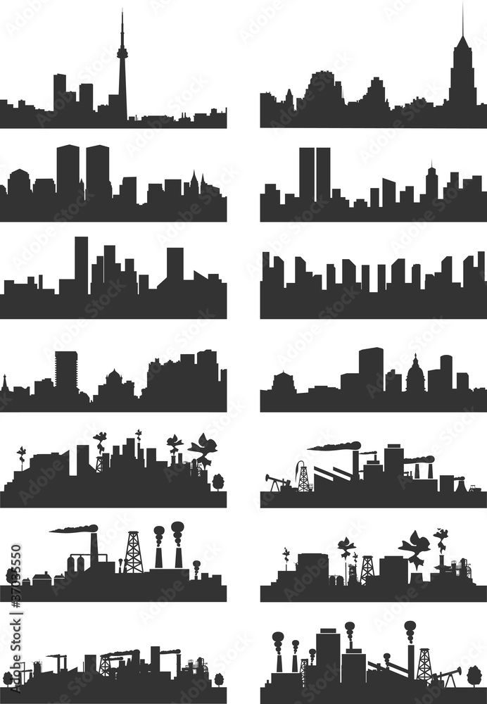 Silhouettes of cities on a white background