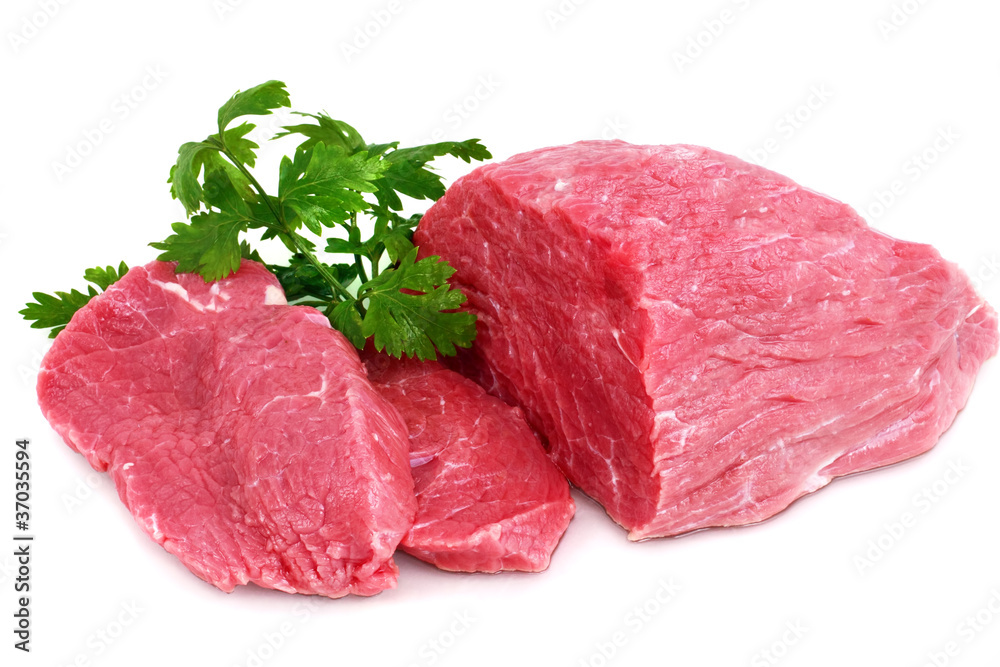 Cut of beef steak with green leaf. Isolated. Cut of beef steak with green leaf. Isolated.