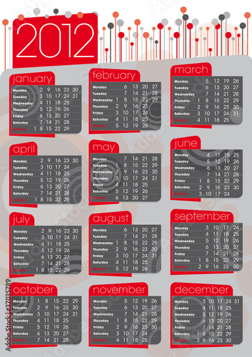 calendario 2012 stile anni '70 in inglese rosso e grigio