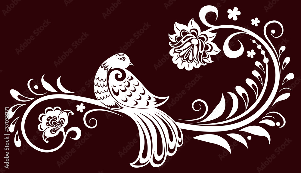 Decorative branch with a bird. decorative leaves Decorative branch with a bird. decorative leaves