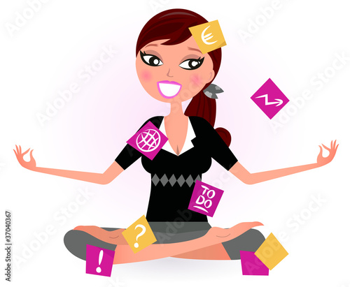Stressed business Woman covered with many Notes isolated on whit