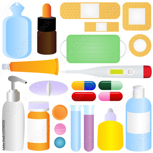 Cute vector icons: Medicines, Pills, Medical Equipments