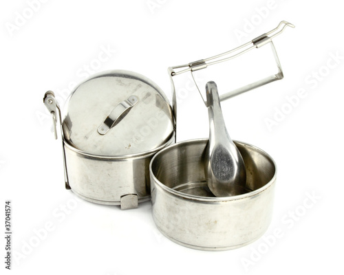 Silver Metal Tiffin separate and spoon, Food Container On White