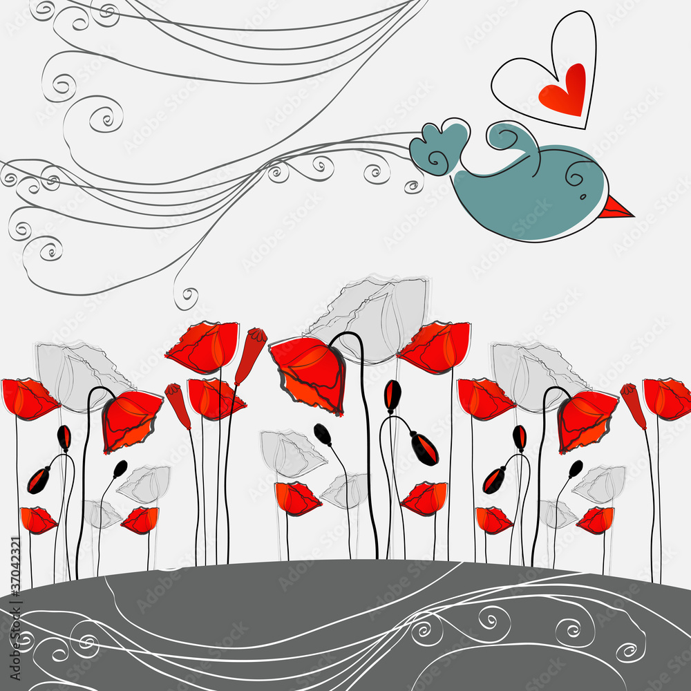 Fototapeta premium Beautiful, hand drawn style poppies and bird in love