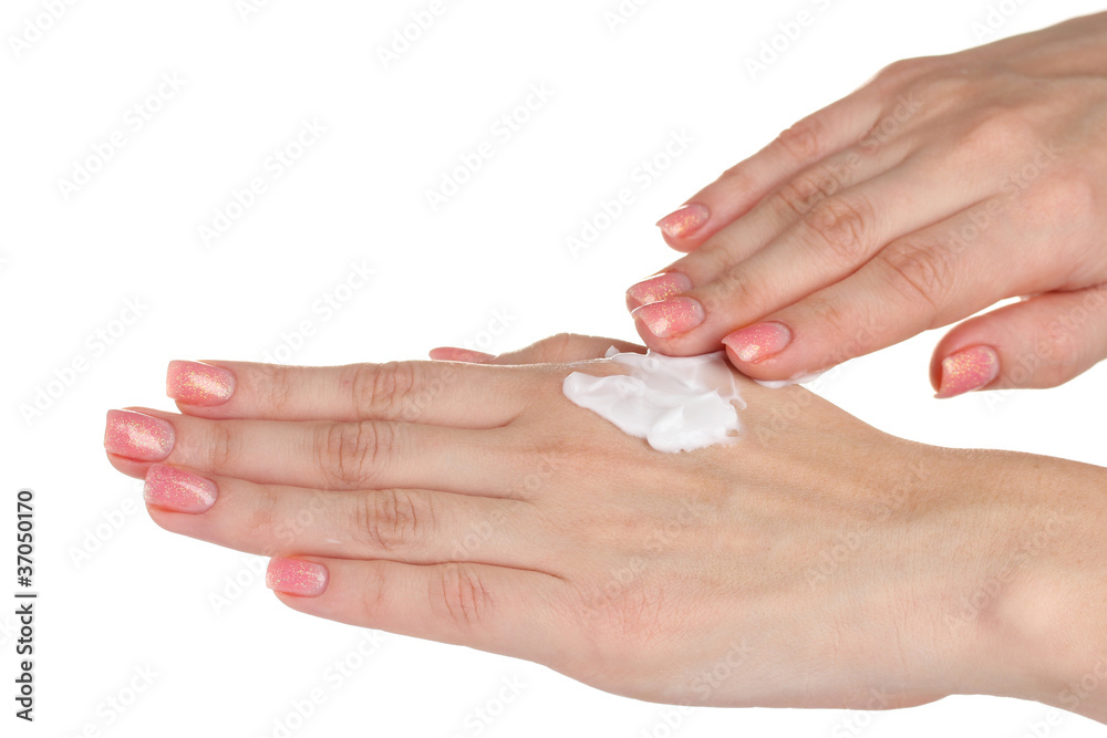 Hands with cream isolated on white Hands with cream isolated on white