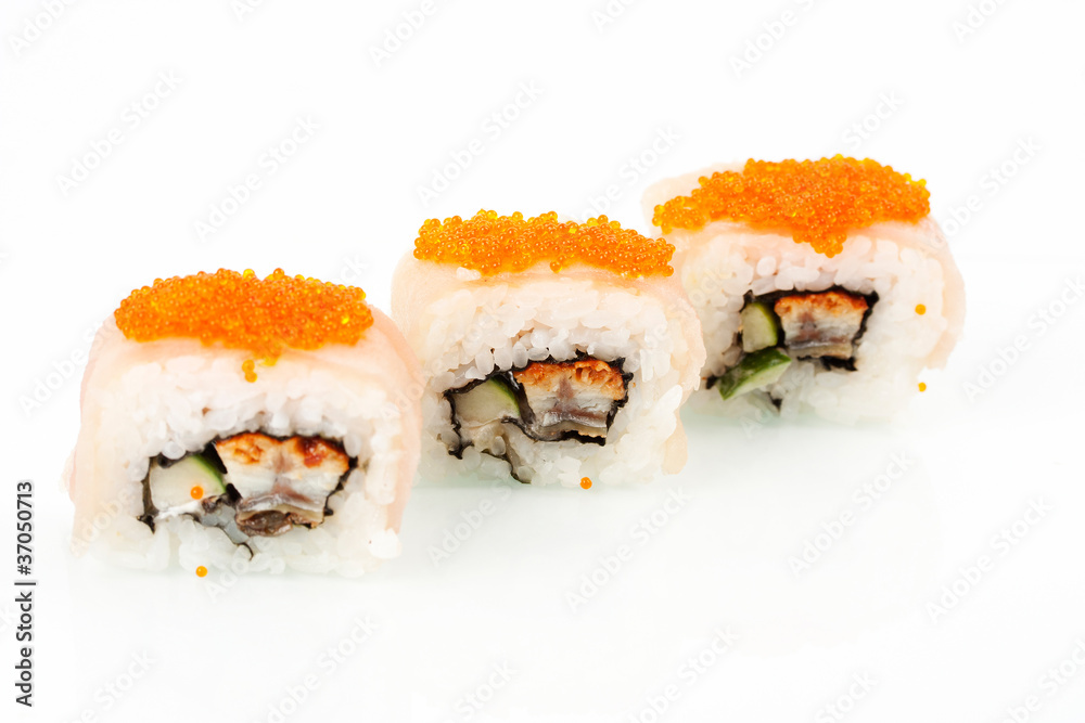 Close up photo of the sushi with caviar Close up photo of the sushi with caviar