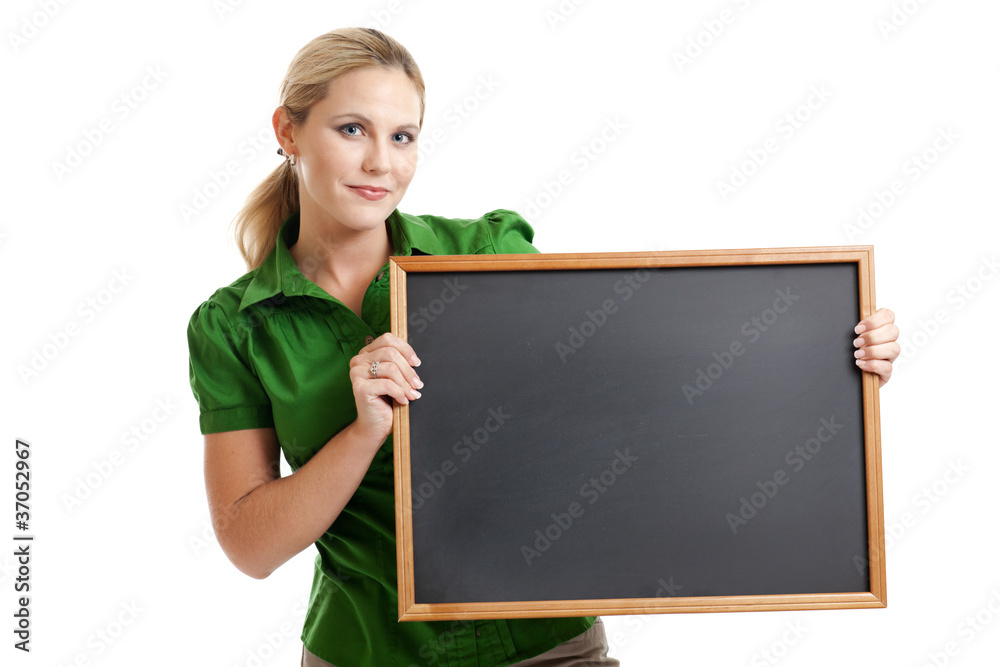 Woman holding blank chalkboard