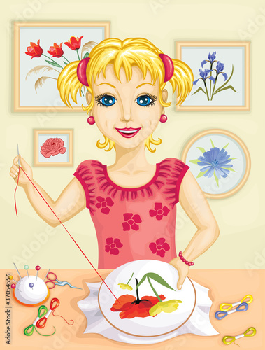 Girl embroidering