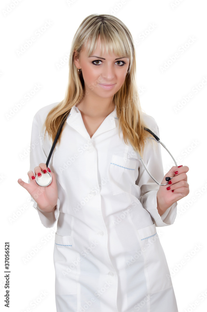 The beautiful doctor with a phonendoscope isolated The beautiful doctor with a phonendoscope isolated