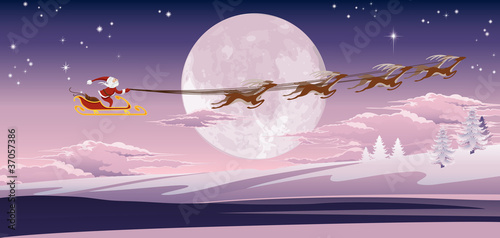 Santa flying in front of winter moon