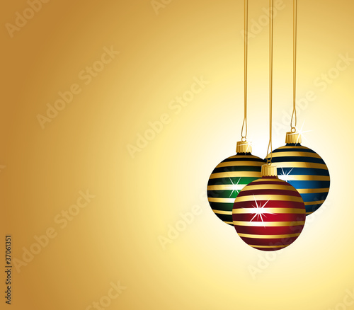 Colorful striped christmas ornaments. Golden background.
